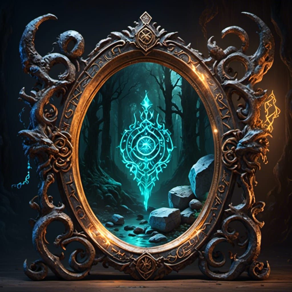  <lora:Ethereal Fantasy:1.0> An enchanted mirror glowing with runes