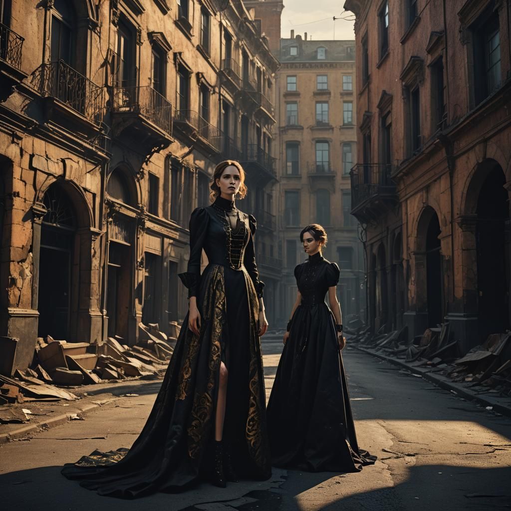 A tall woman standing in the street, rainy night, old deserted buildings in the background, rusty, worn out derelict car, Cinematic digital...