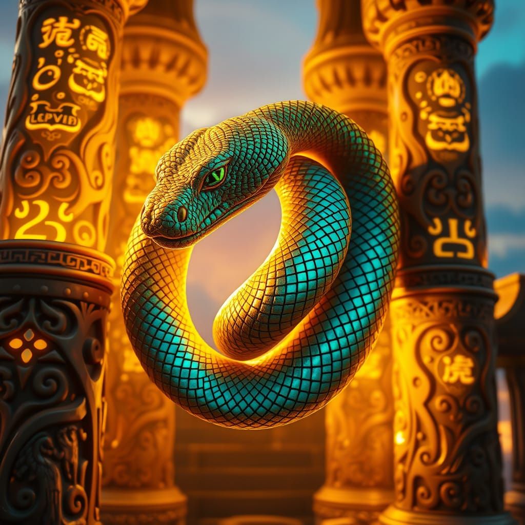 Snake Entwined with Ancient Symbols in Golden Light