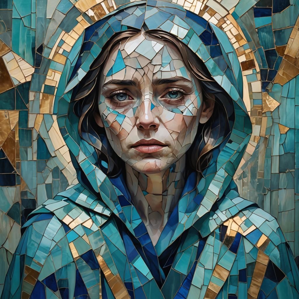 A sad woman in blue, cubism Picasso style 