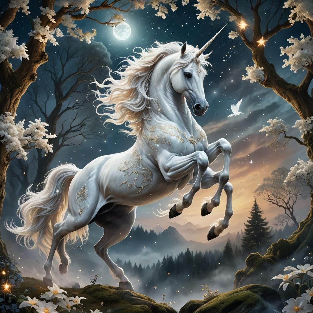 Storybook Illustrations..A majestic white unicorn gracefully...