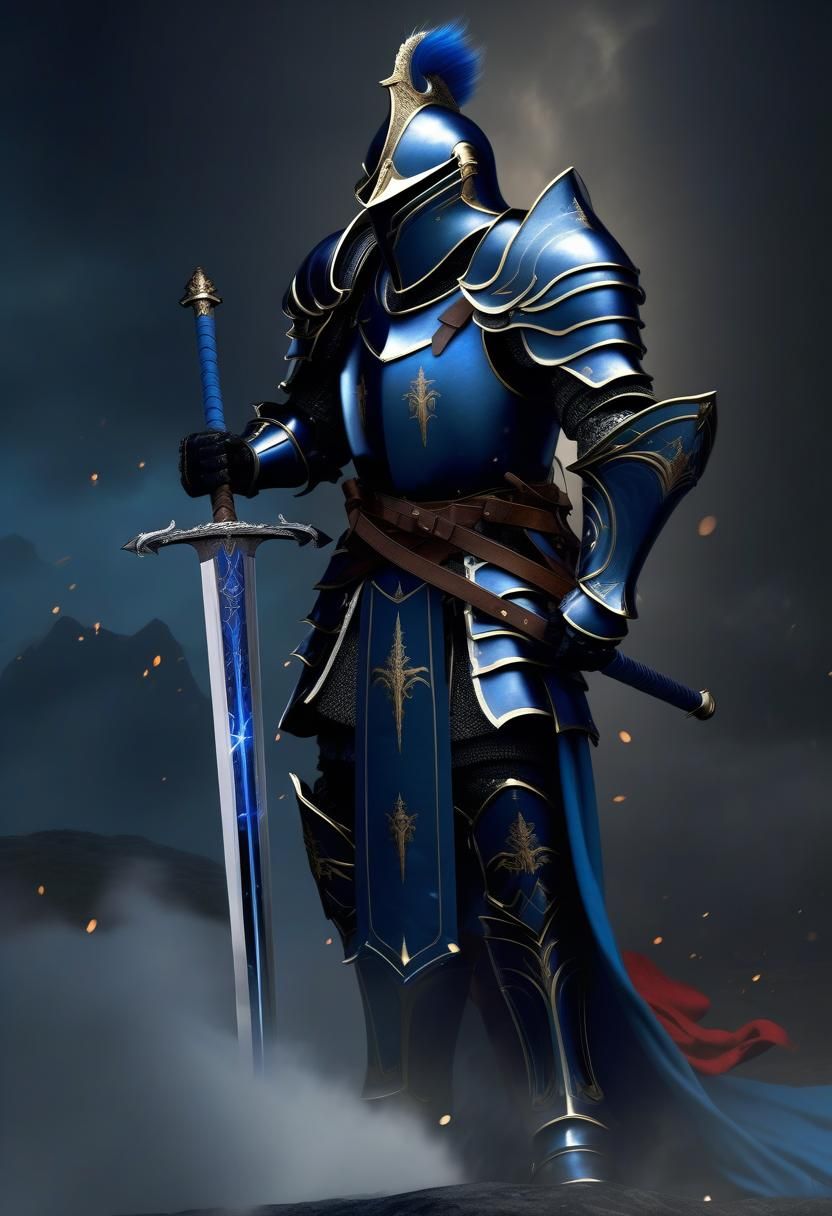 Full armor Knight with a black and blue robe whielding a lon...