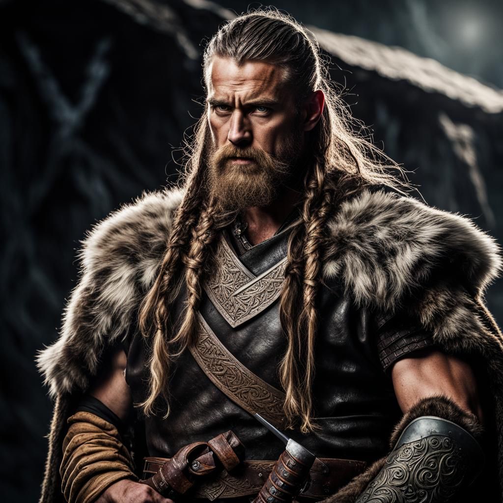 a robust and weathered Viking warrior, with a rugged beard, long hair ...