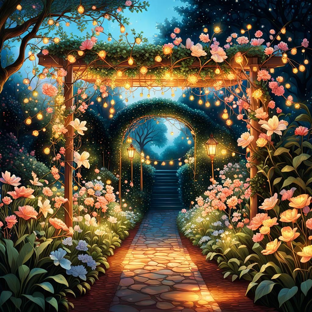 a spring garden illuminated by delicate, shimmering fairy lights hanging from trees and trellises, casting ...  by @Creative Alley