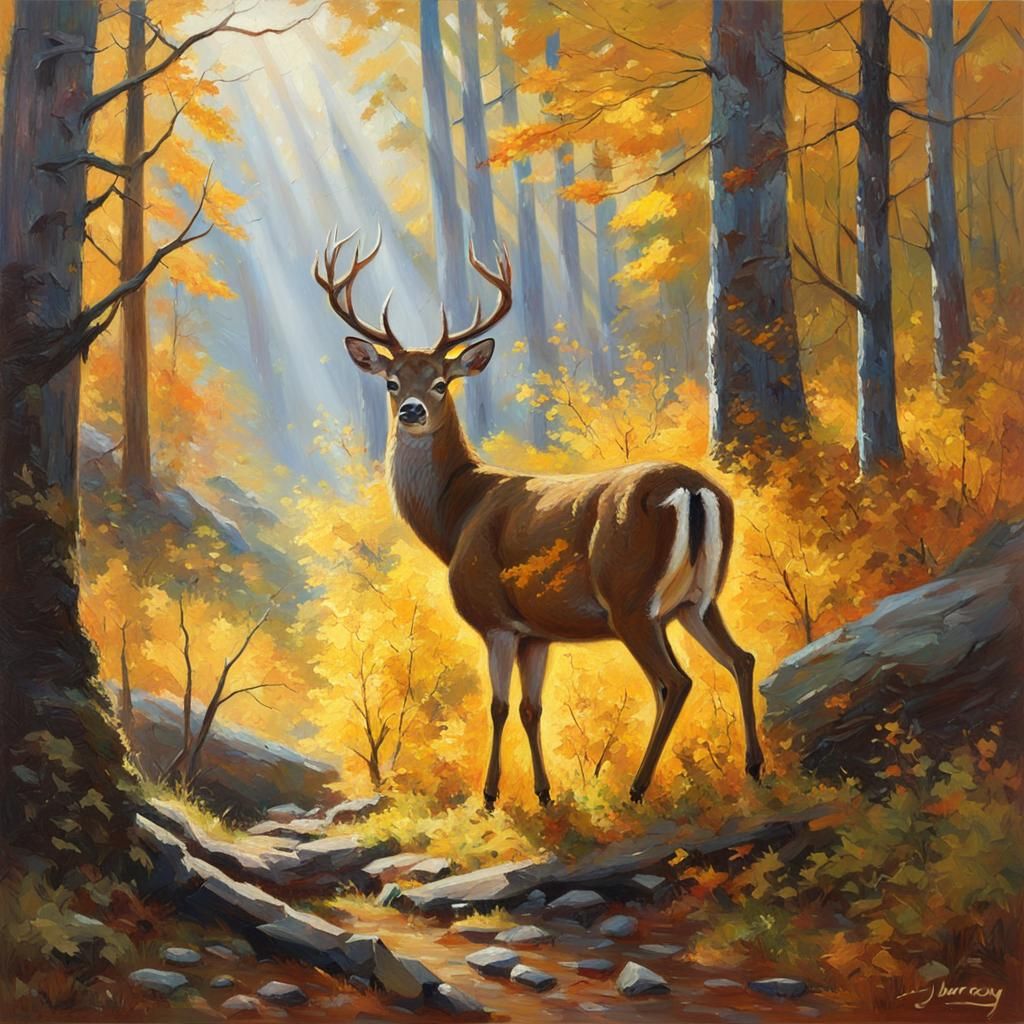 the deer is standing in the autumn forest, the yellow sun, t...