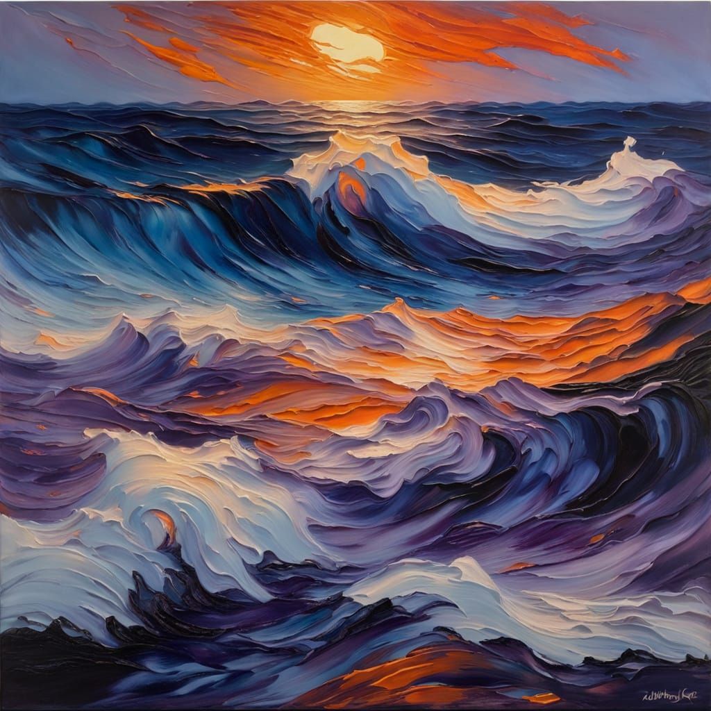 Textured Encaustic Impasto Painting of Stormy Ocean at Dusk