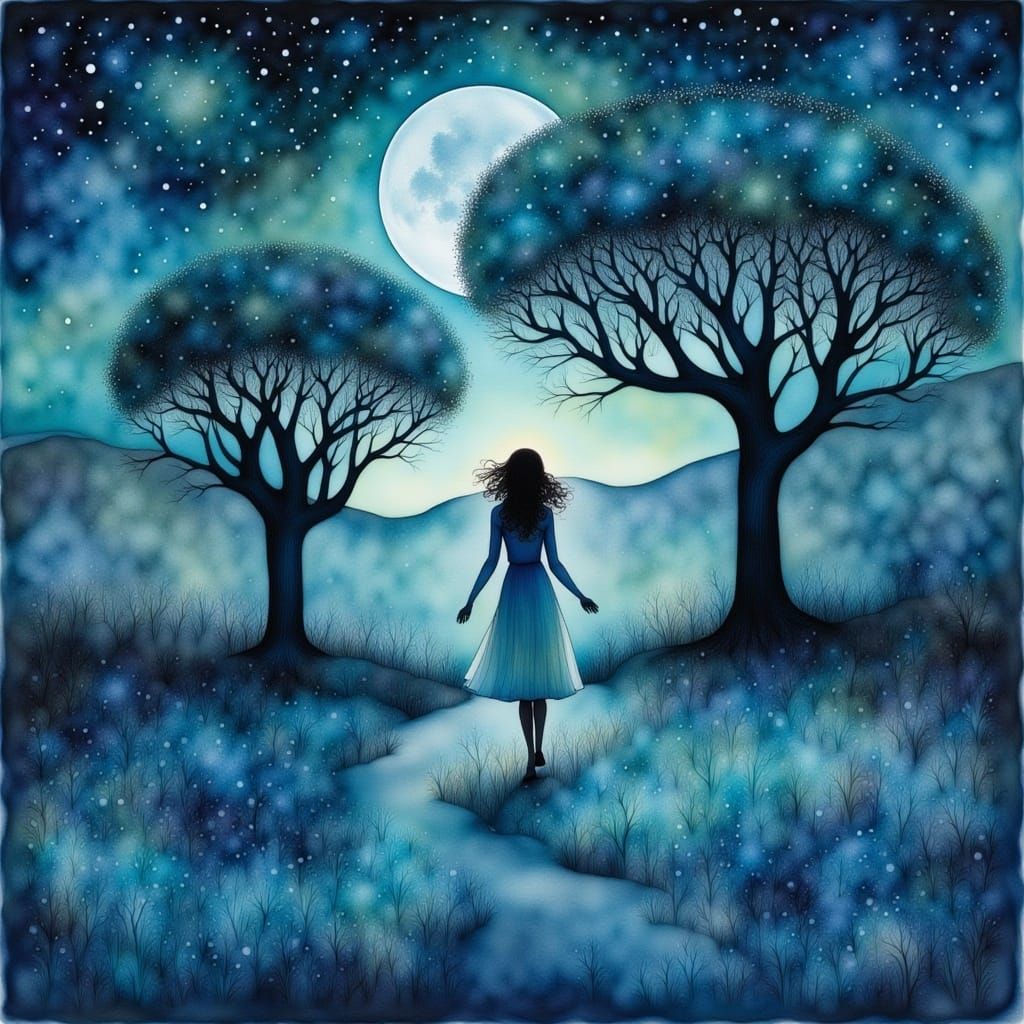  <lora:Liquid Ink Flux:1.0> the bright night stroll