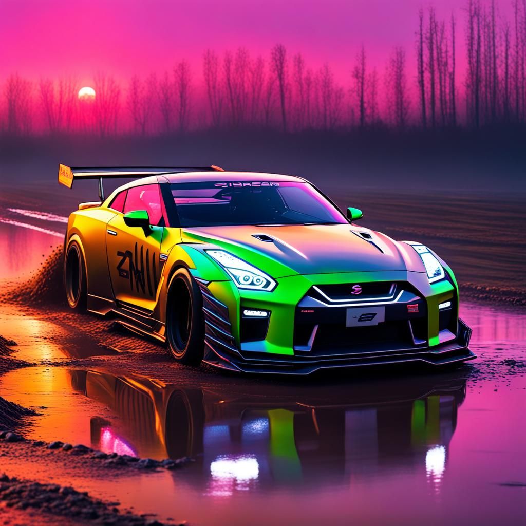 nissan gtr r35 drifting in the mud at sunset 8k - AI Generated Artwork ...