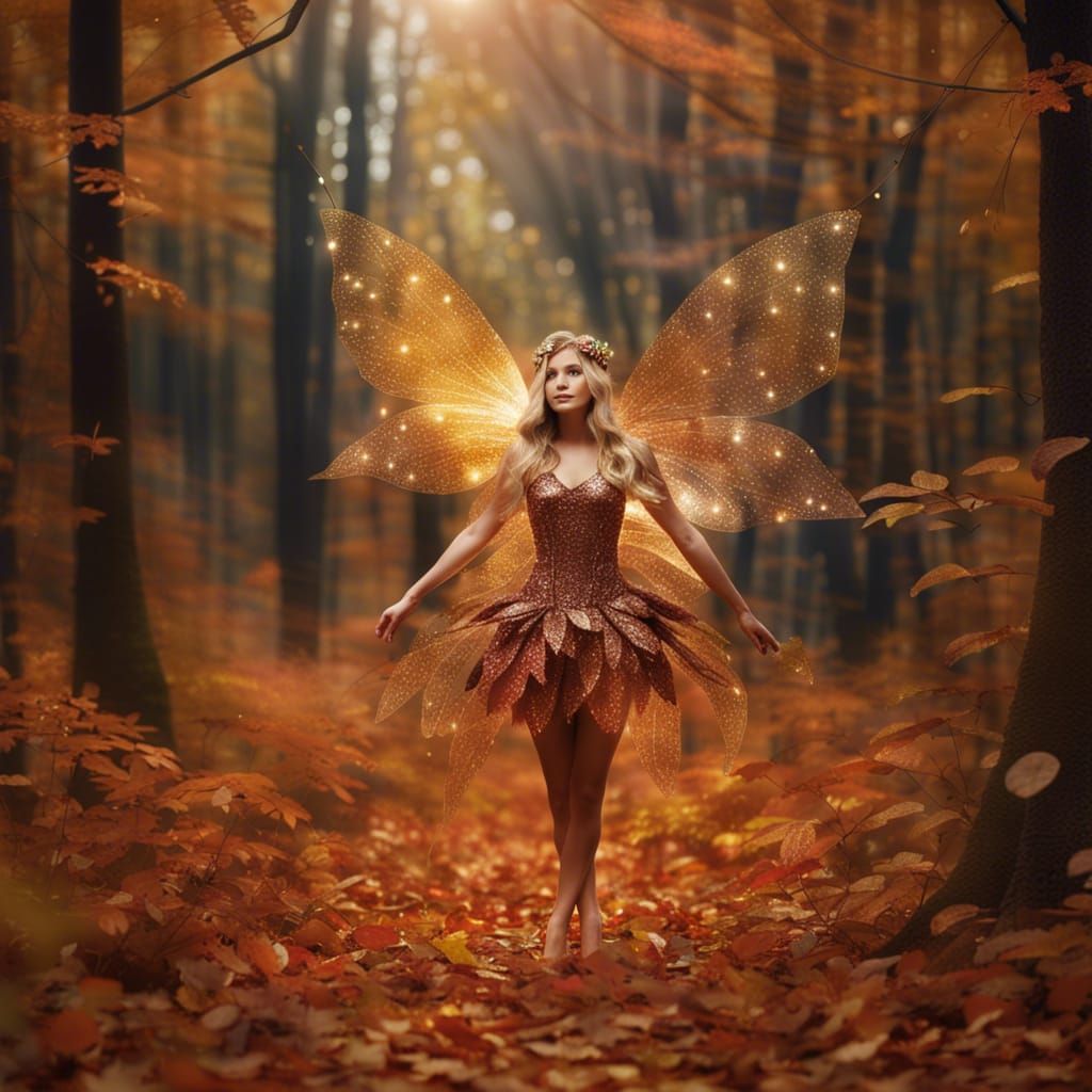 Glittering forest in autumn with a fairy