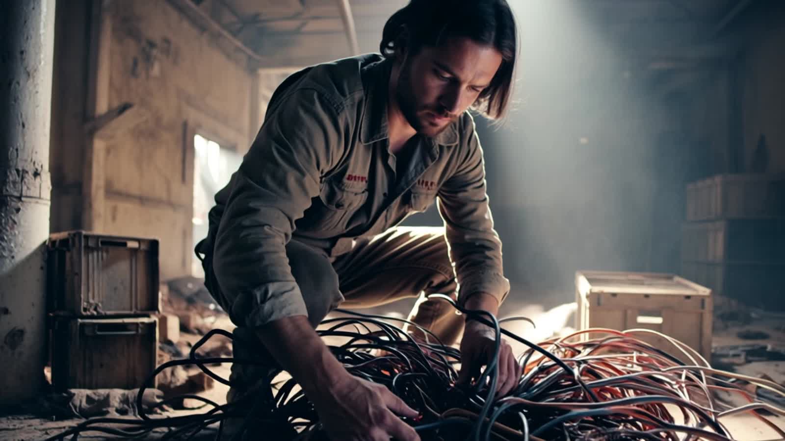 A lone electrician, hunched over a chaotic nest of twisted wires in a dimly lit, abandoned warehouse. The air crackles w...