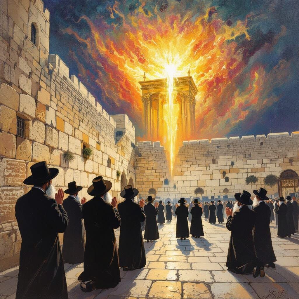 Temple Descends to Praying Jews: A Vision in Vibrant Colors