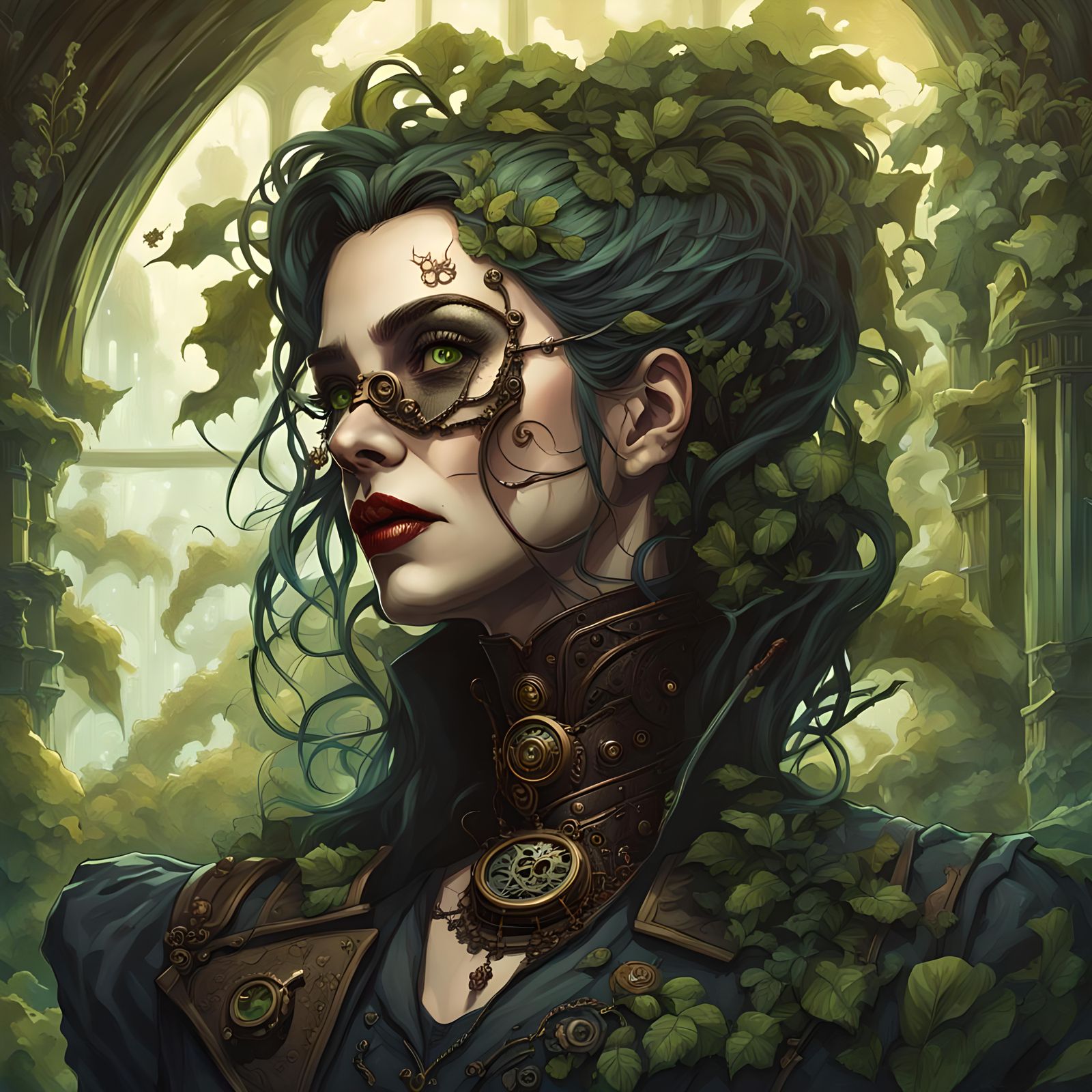steampunk Dracula woman in  gothic mansion overgrown with ve...