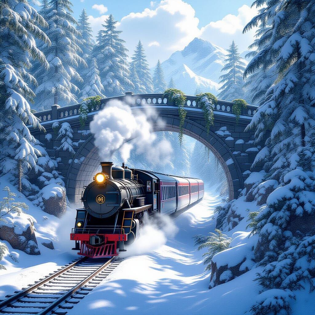 A train in a winter forest with golden mist following it going under a bridge with evergreen plants on it