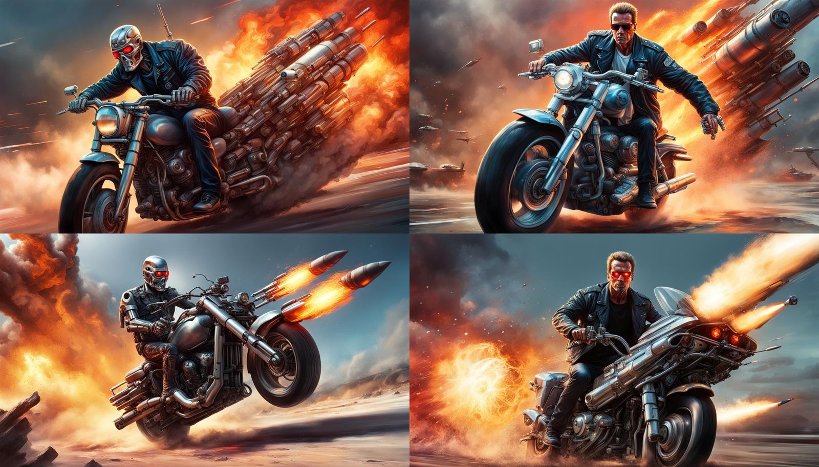 Terminator riding on a missile Hyperrealistic, splash art, c...