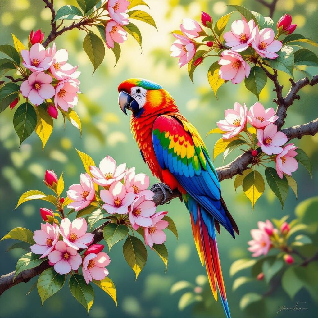 Exotic Parrot on Flowering Branch, Painterly Style