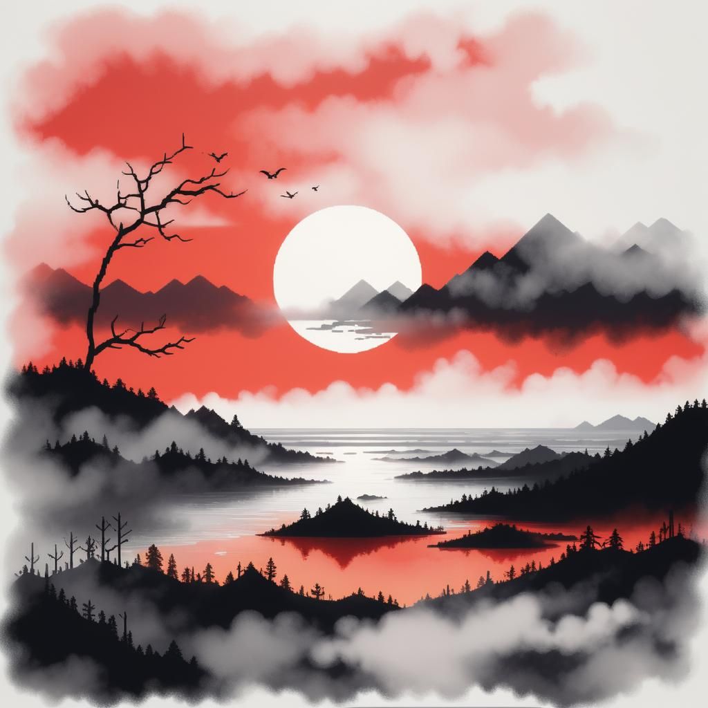 vibrant hues, lake glade at daytime, shimmering waters, dreamy, beautiful, shadows, flowers, moonlight, fading reddish sky, translucent, fl...