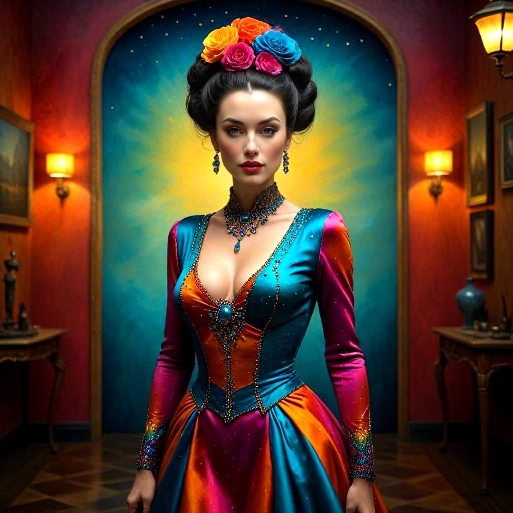 Sophisticated Lady in Vibrant Surrealistic Scene