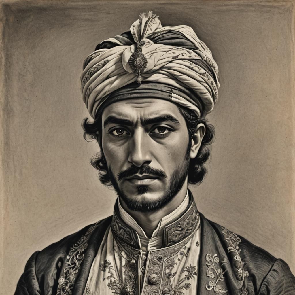 portrait of young Turkish man in 19th century Turkish clothe...