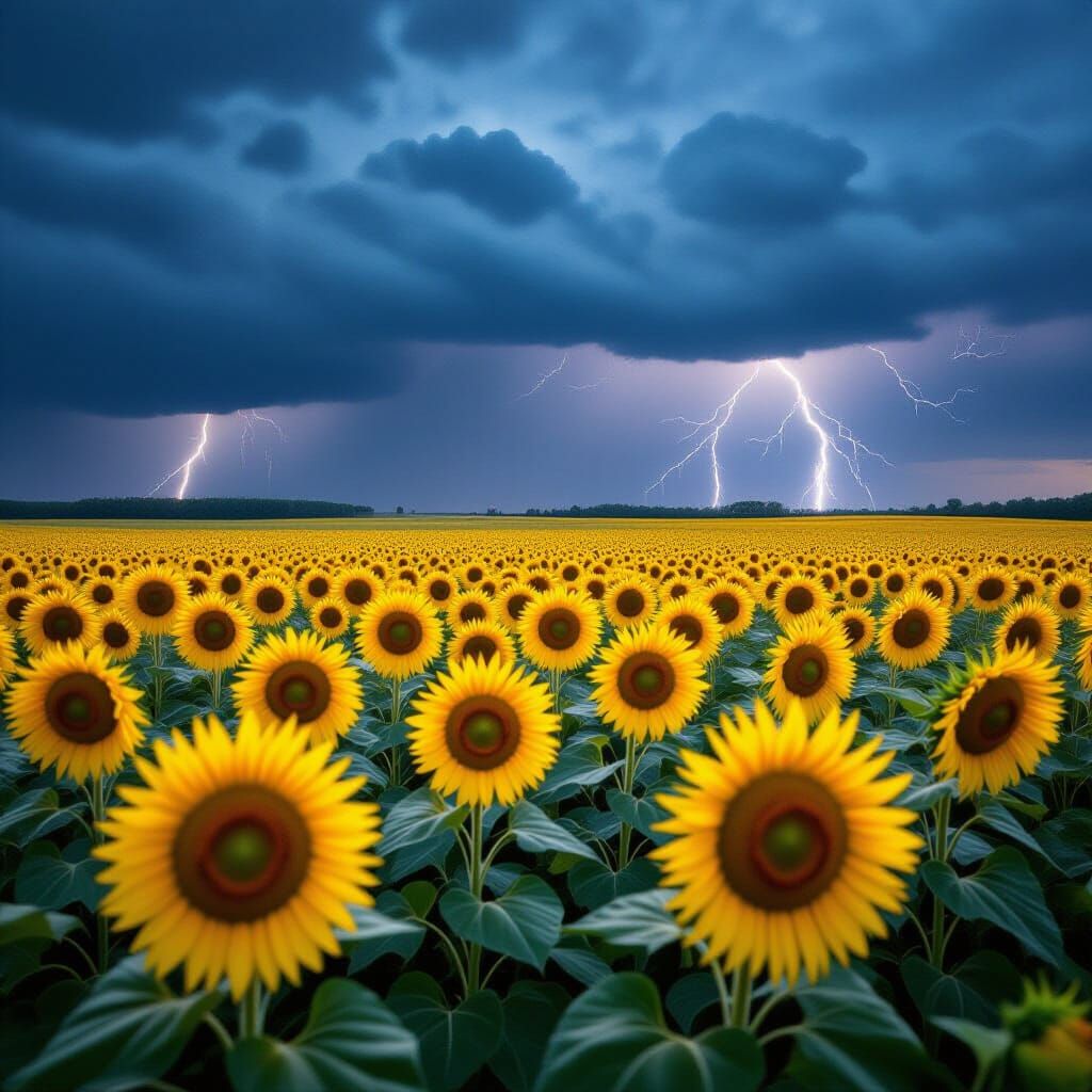 A storm sweeps across a sunflower field, the golden flowers bending in the wind. Dark clouds roll overhead, with streaks of lightning in the...