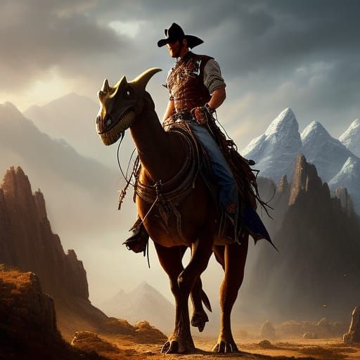 A cowboy finds himself teleported to Jurassic times.  by @Catherine Chittenden