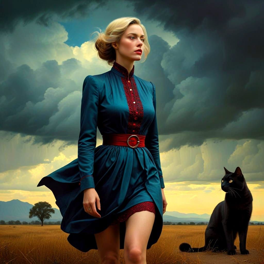 Surreal Woman with Giant Cat in Dreamlike Landscape