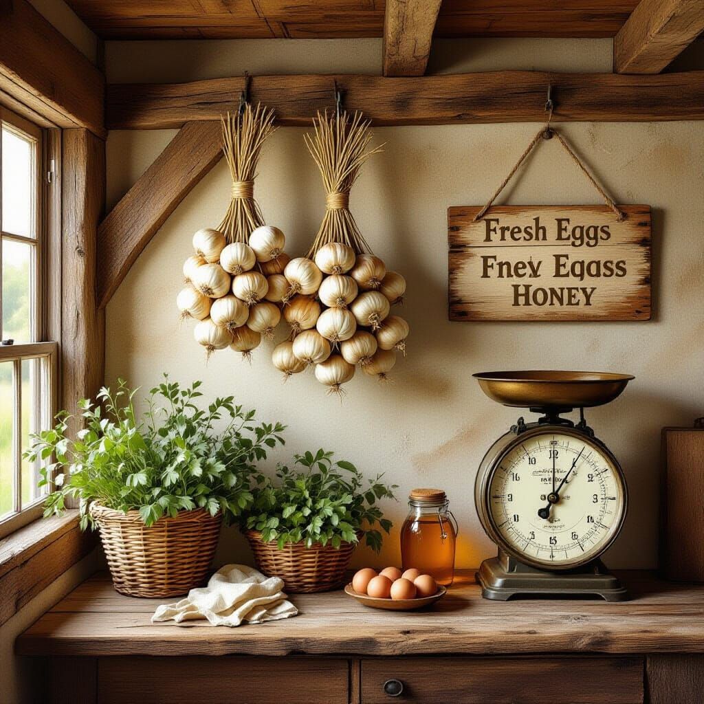 Braids of garlic hang from wooden beams.
A vintage scale rests near herb bundles.
Rustic signs offer fresh eggs and honey.