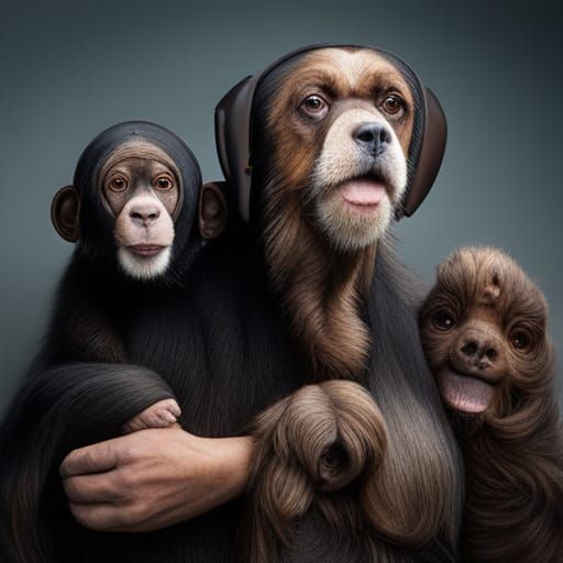 A chimpanzees dressed as a Labrador dog.