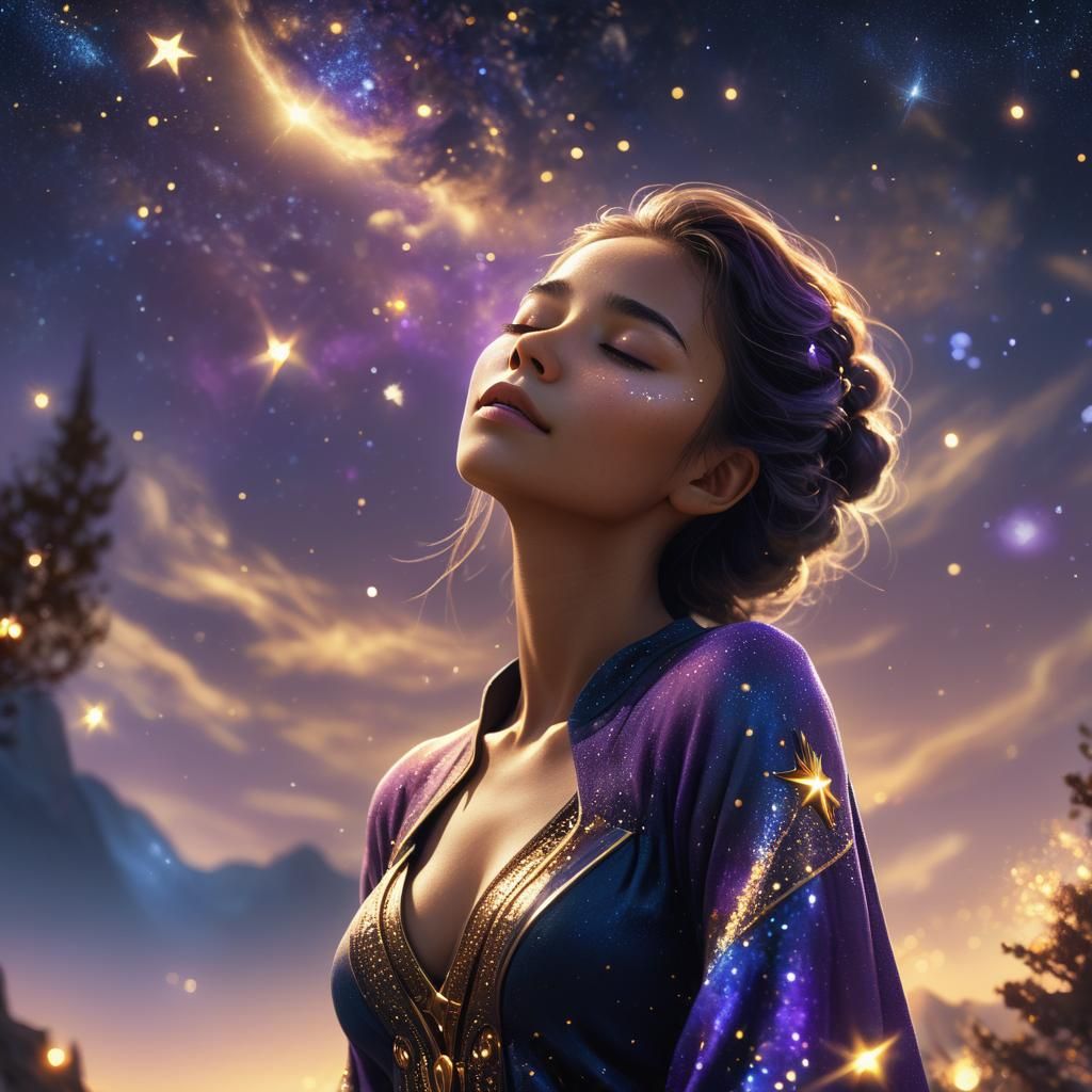 a beautifull women closing her eyes and behind here a panoramic view of the sky with stars, make it look realistic, with depth, & more focus...