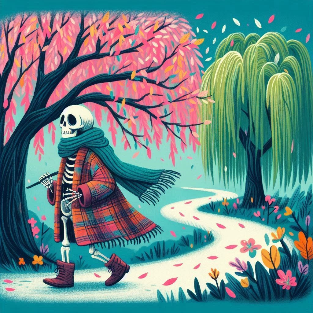 skeleton enjoying a walk in the park