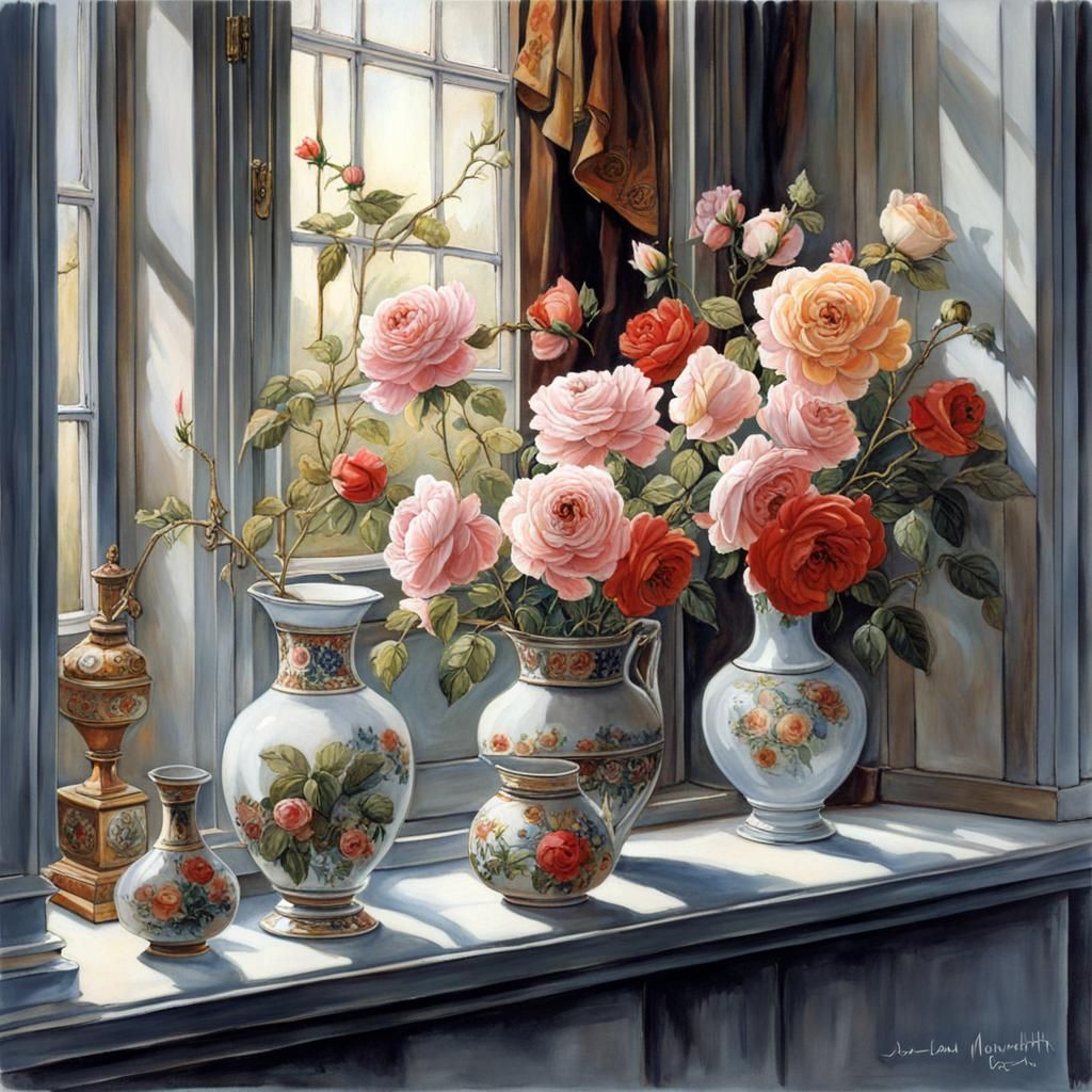 in a windowsill of an old-fashioned window there are countle...