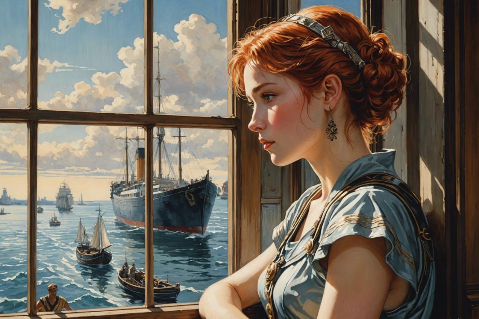 Redhead Centurion Gazing at Ship, Fantasy Art