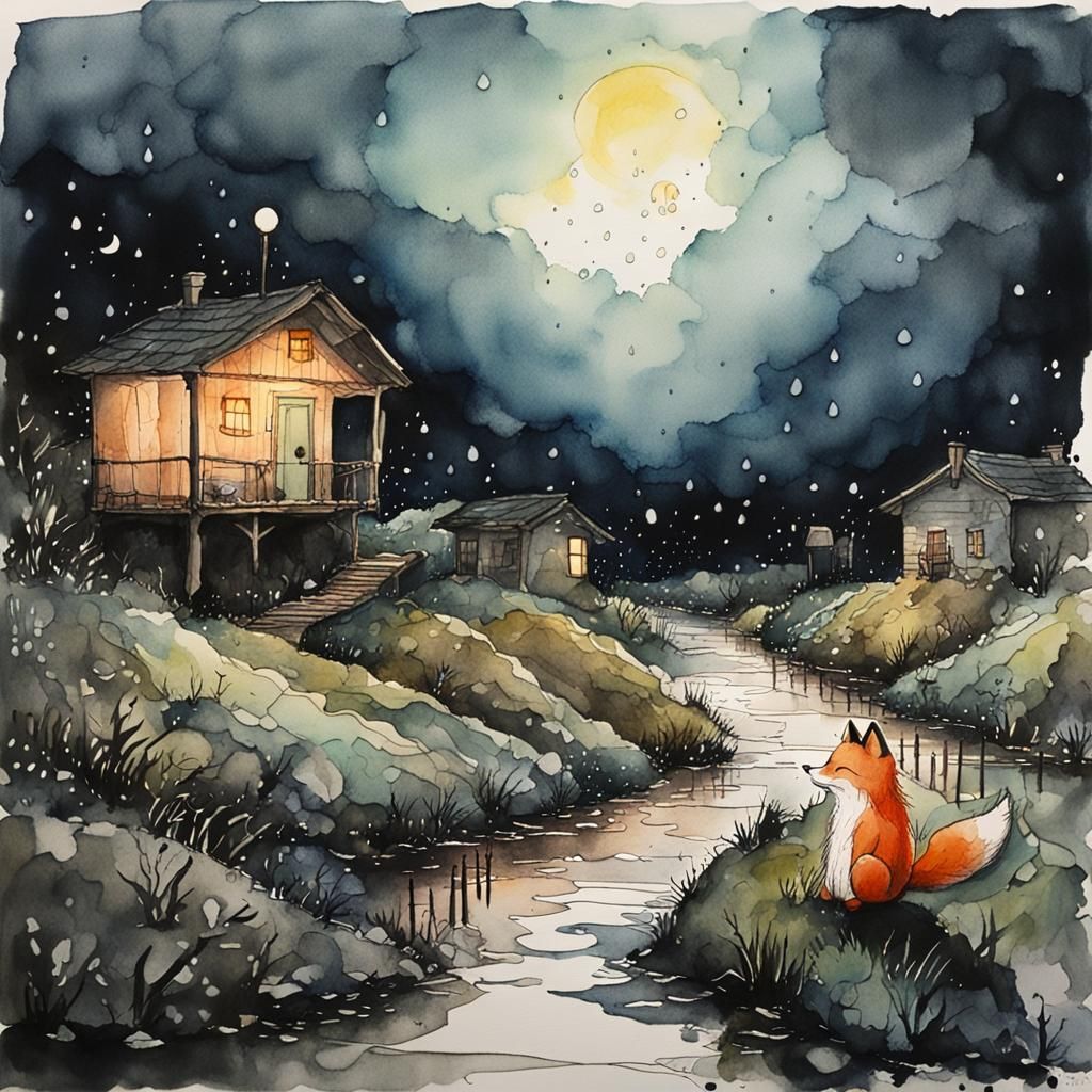 On the cold wintry night the little fox longed for a warm ho...