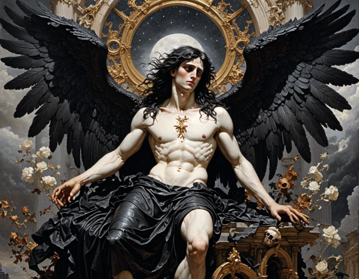 Handsome Fallen Angel, grief-stricken in Purgatory, long hair, unbuttoned, masculine, maximalist,  hyperdetailed,  hyperrealistic <lora:Purg...