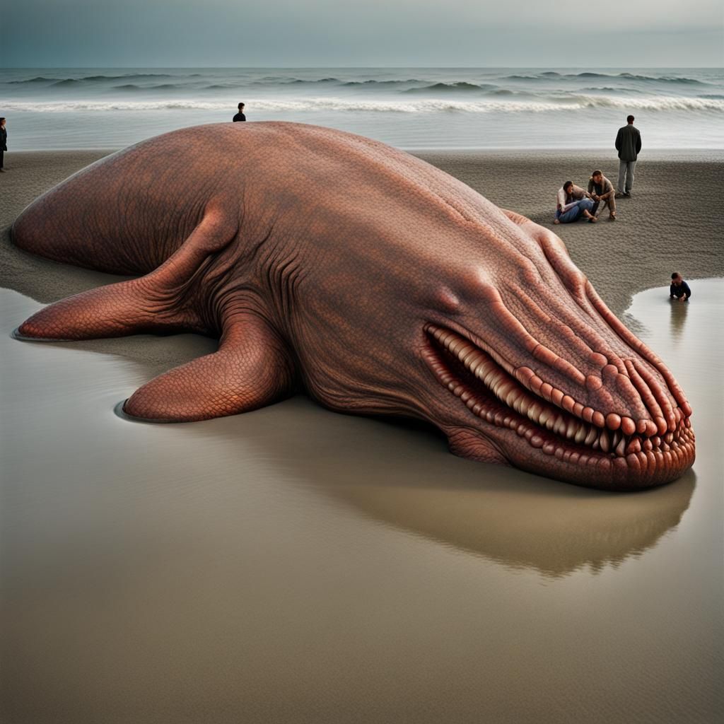 A giant sea creature, dead, washed on the shore. A crowd of ...