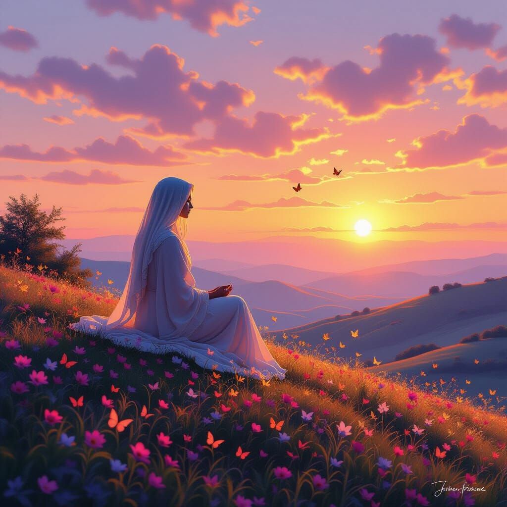 Create a richly detailed square image of a person sitting on a gentle hill at sunrise, surrounded by blooming flowers and fluttering butterf...