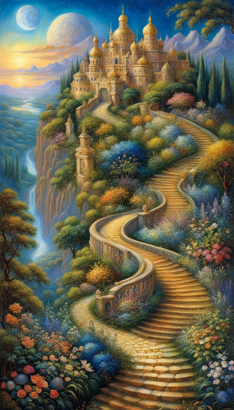 a winding path leads to a wonderous shining palace on  hill ...
