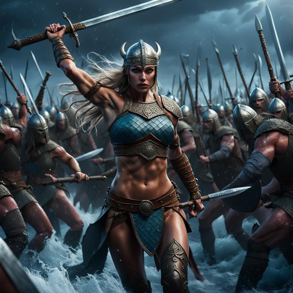 ultra-fit, tall, slender, stunning strikingly beautiful, viking warrior princess, wearing a bikini, in violent, blood soaked,vast epic melee...