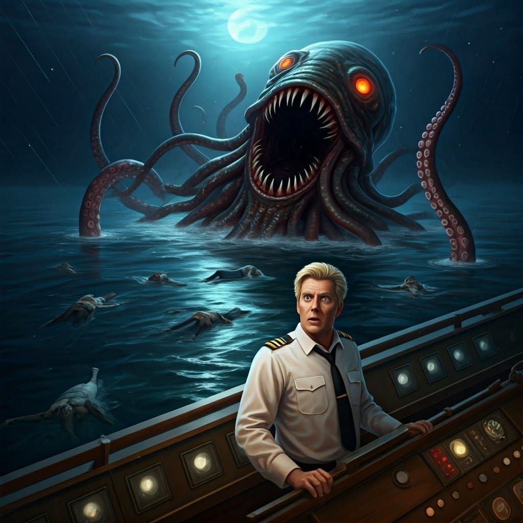 A blond-haired, very handsome middle-aged, human male cruise ship captain, dressed in a crisp white uniform, stands frozen in terror at the...