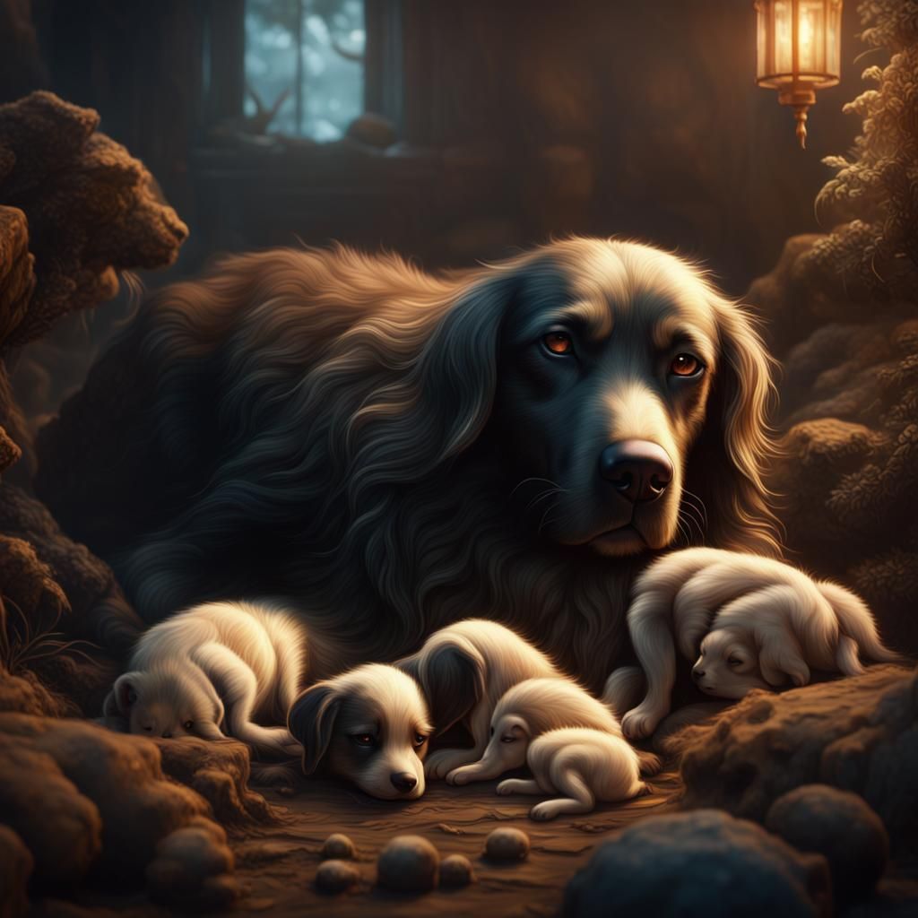 A momma dog with her babies sleeping beside her