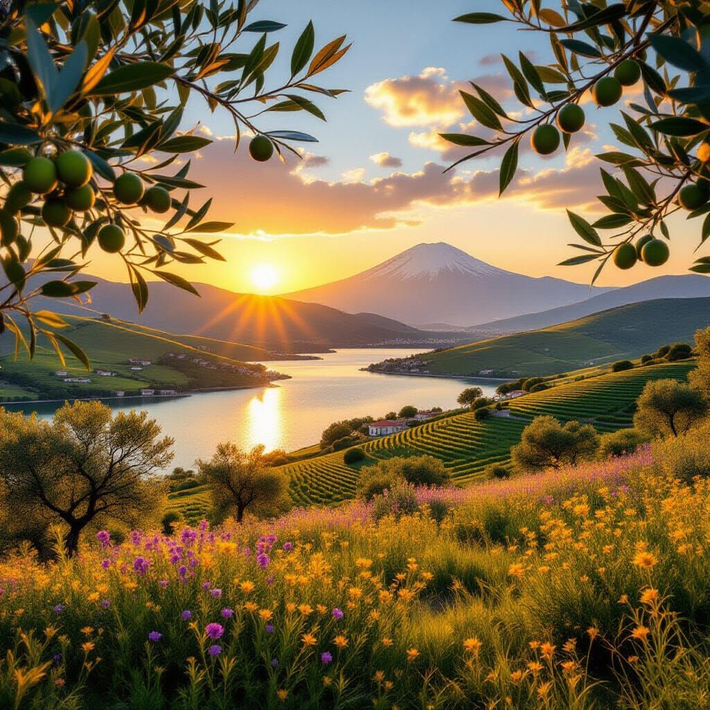 A cinematic, photorealistic view inspired by the Turkish and Mediterranean landscape at golden sunset. In the foreground, detailed olive bra...