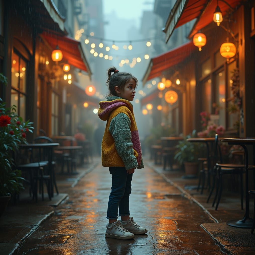 Girl in Vibrant Hoodie Looks Down Rainy Street with Eclectic...
