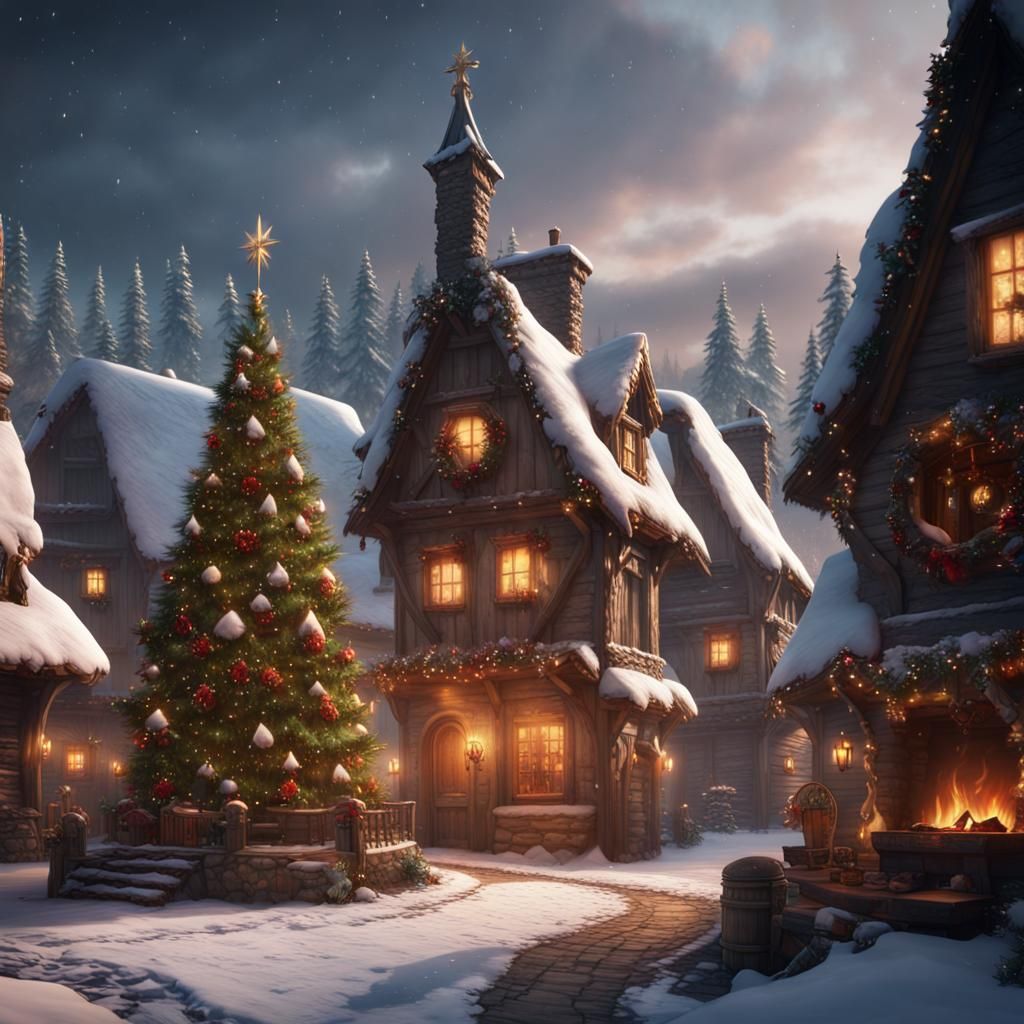 A snowy village with a Christmas tree and a fireplace