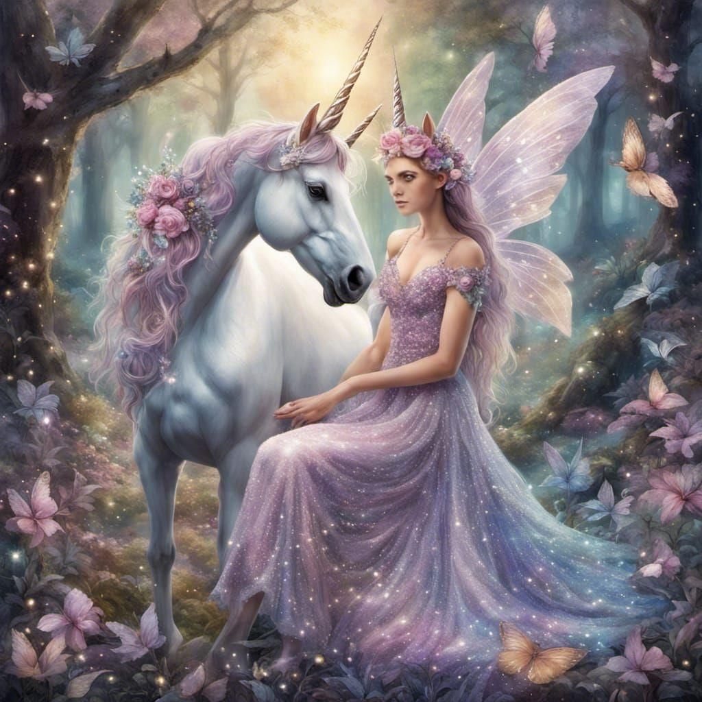 Unicorn and beautiful fairy, in a pretty fairy glade.