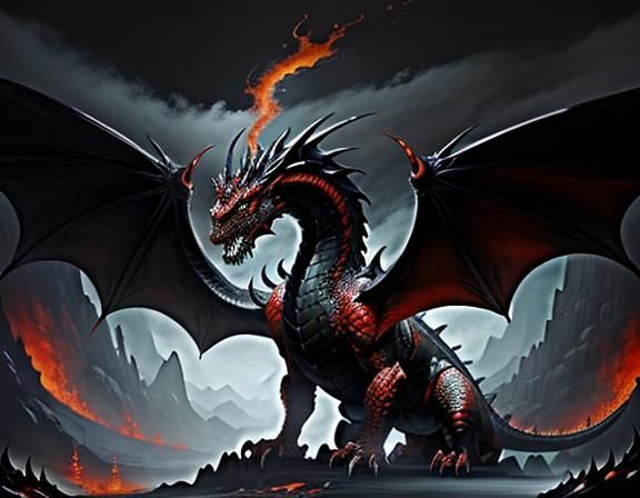 A prestigious dragon with scales of dark, glossy black and f...