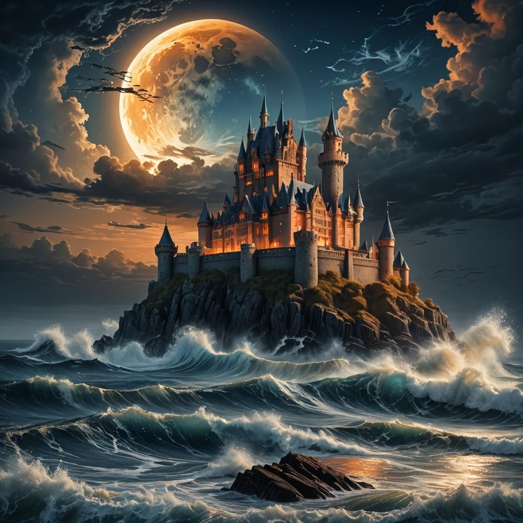 chaotic midnightmoon castle seascape in style of Artists Julia Kaye and Jean Baptiste Monge, Complex ...  by @Kosh