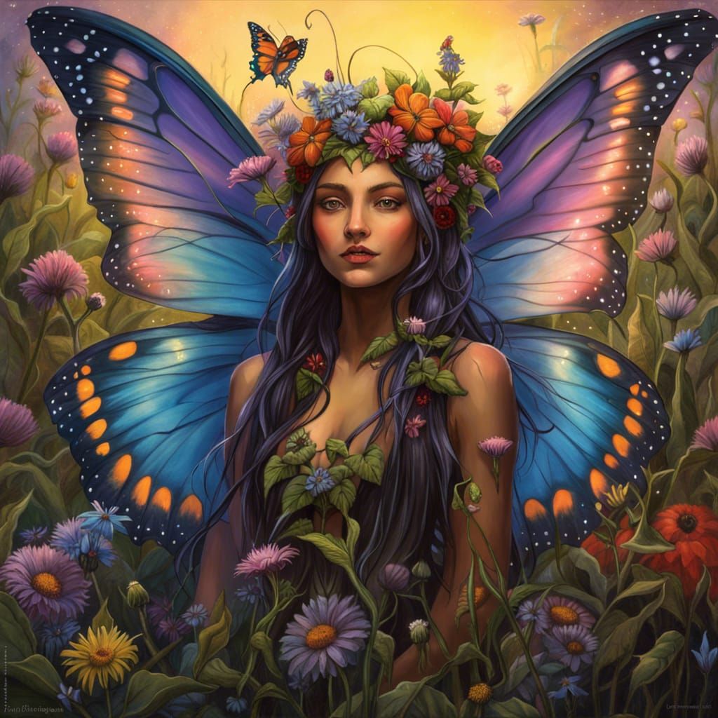 happy beautiful forest fairy with giant butterfly wings in a field of ...