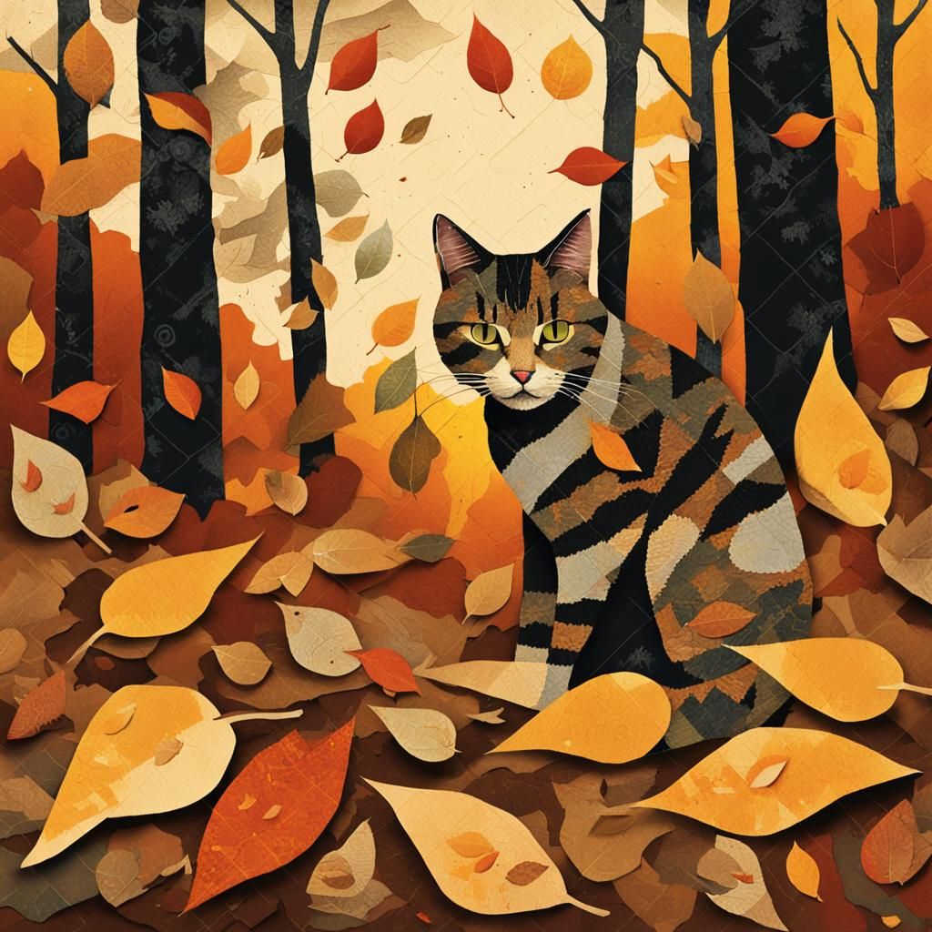 Fall paper collage with stray cat 
Fall paper collage art by...