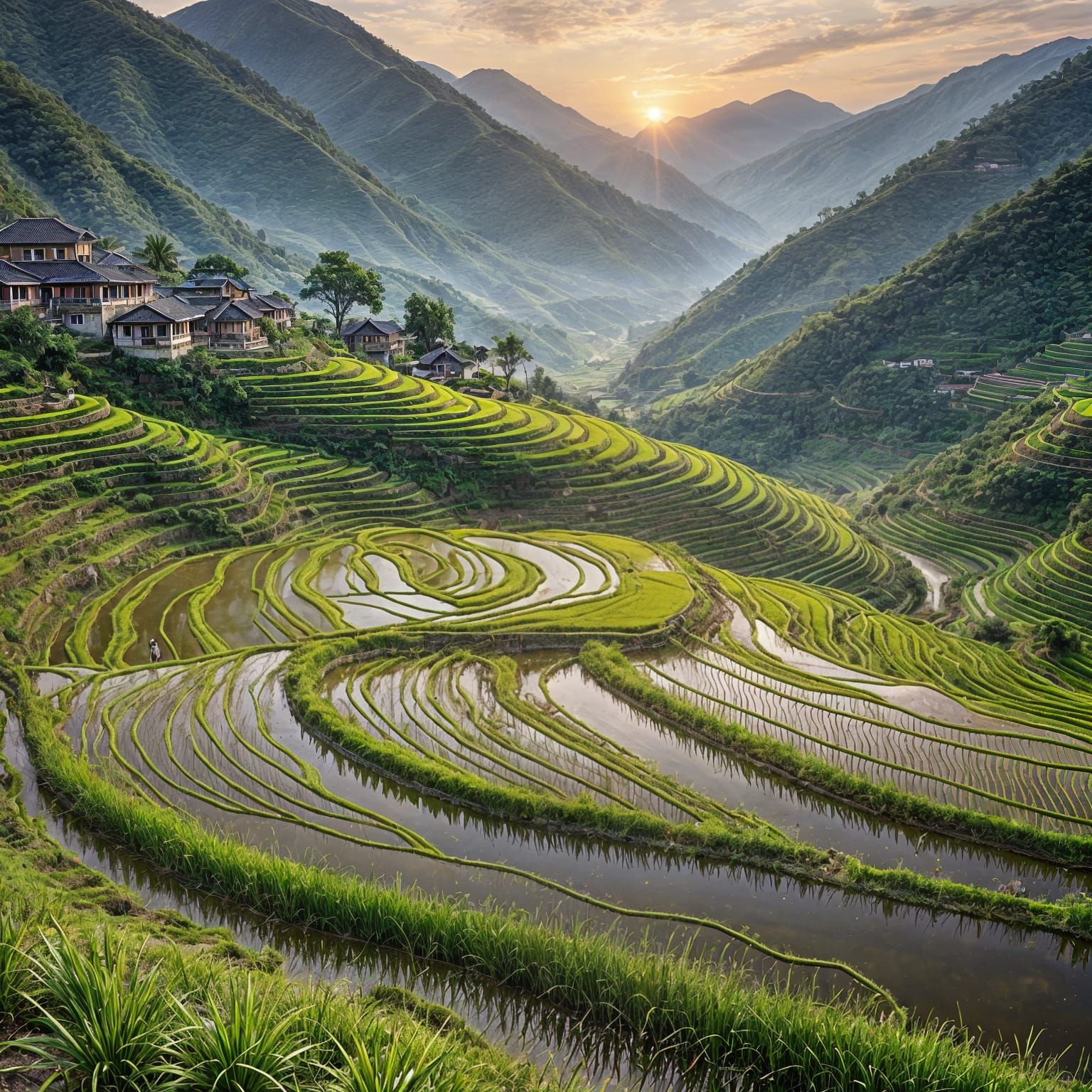 Serene Rice Terraces at Sunrise: Oil Painting