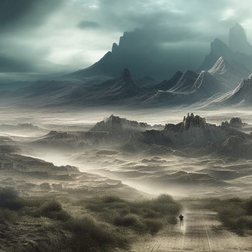 City on treds moving through a vast wasteland