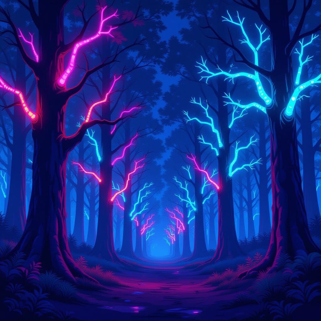 Glowing Forest: Trees with Pulsing Neon Branch Lights